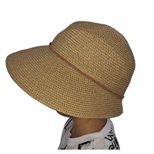 KATE LANDRY Sun HAT Straw Beach Leather Accent One Size Wide Brim Nautical